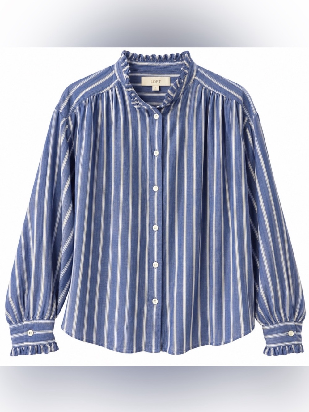 Loft blue and white stripe button down shirt with ruffled collar - Picture 2 of 8